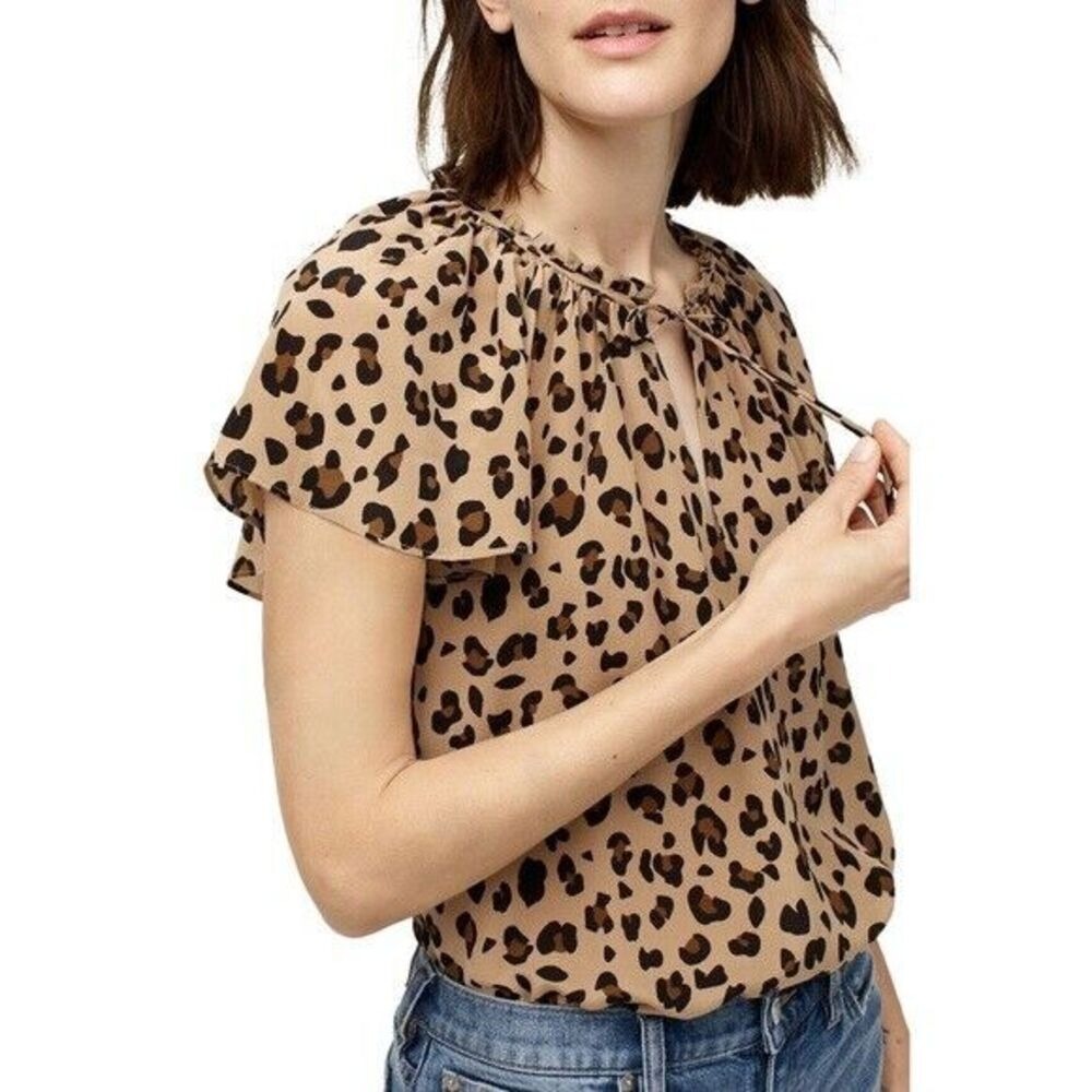 J. Crew Silk Top A Line Leopard Print Silk Flutter Sleeve Blouse Relaxed Fit